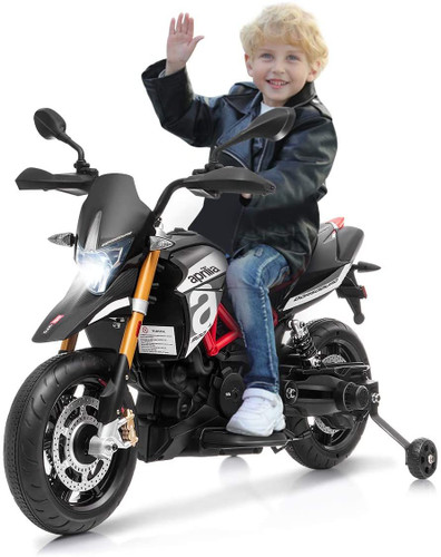 Child's Official Aprilia Motorbike with Lights, Sounds & Stabilisers