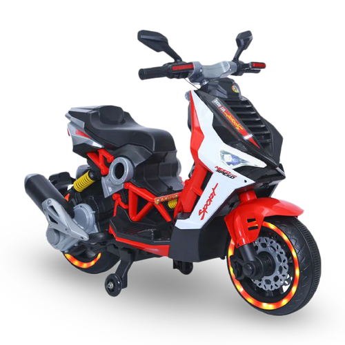 Kiddies Red 12v Sit-on 2030 Battery Powered Moped & Stabilizers