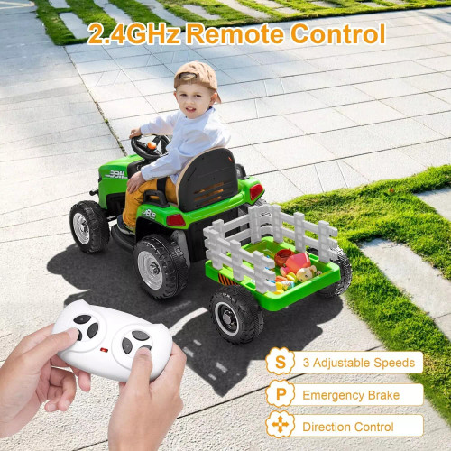12V 2-in-1 Kids Ride On Tractor with Trailer - Grayish Green main image 0