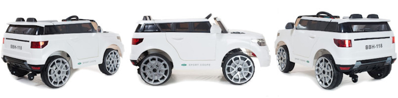 More views of the 12v White Vogue Style Sit-in SUV with Sounds, Remote and Lights!