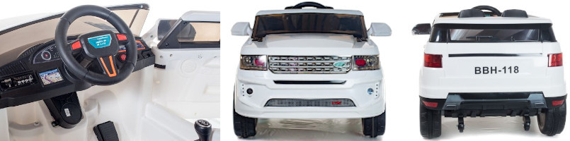 More views of the 12v White Vogue Style Sit-in SUV with Sounds, Remote and Lights!