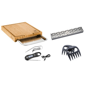 ZWILLING BBQ+ 4-pc Grill Smoker Set, Bamboo Cutting Board (15.5 x 12) with Tray, Smoker Box, Digital Thermometer, Meat Claws