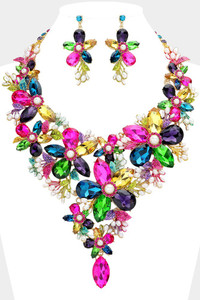 Flower Glass Cluster Statement Evening Necklace Flower Glass Cluster Statement Evening Necklace