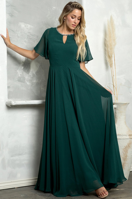 BEADED NECKLINE BELL SLEEVE A LINE CHIFFON GOWN