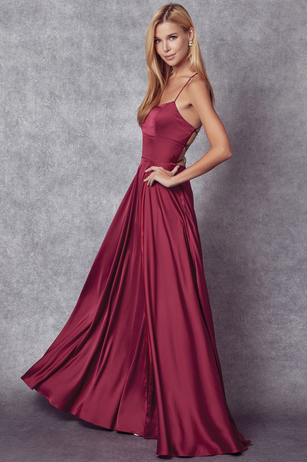 Solid Side Slit A Line Evening Dress