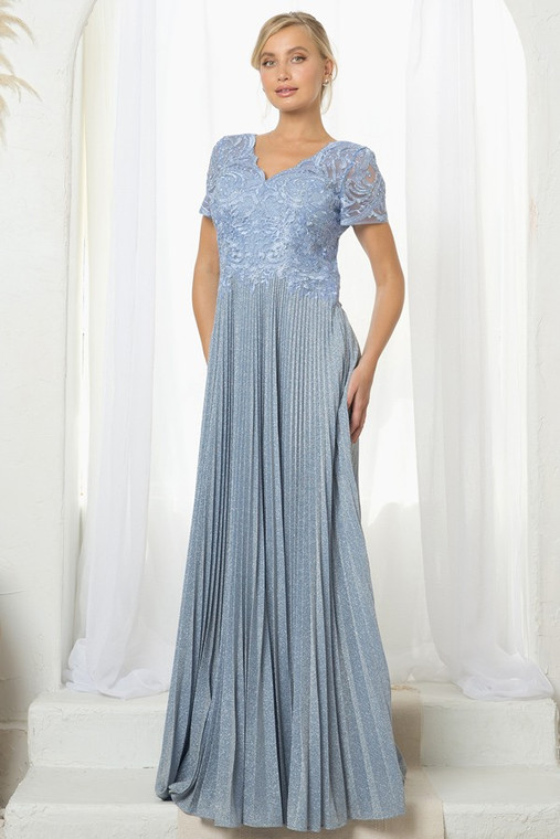 HALF SLEEVE V NECK ACCORDION PLEAT METALLIC SKIRT