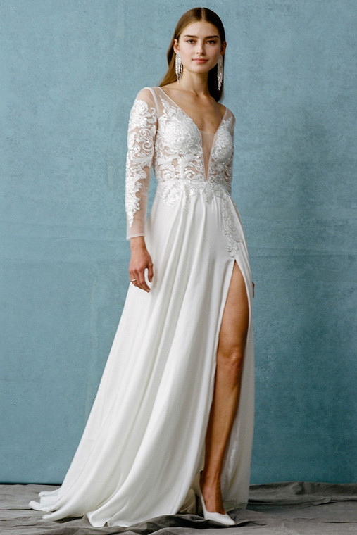 Long Sleeve Deep V Neck Aline Dress