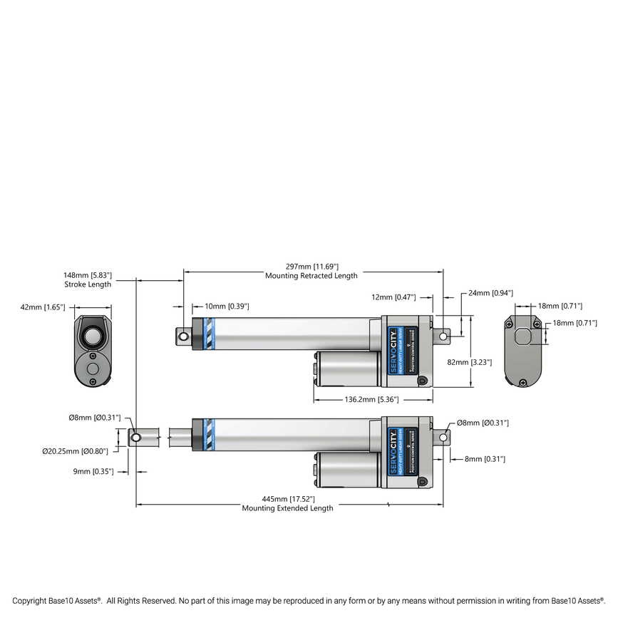 Heavy-Duty Linear Servo (Position Control, 12-24V, 112lb Thrust, 0.6"/sec, 6" Stroke)