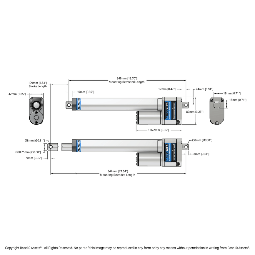 Heavy-Duty Linear Servo (Position Control, 12-24V, 225lb Thrust, 0.3"/sec, 8" Stroke)