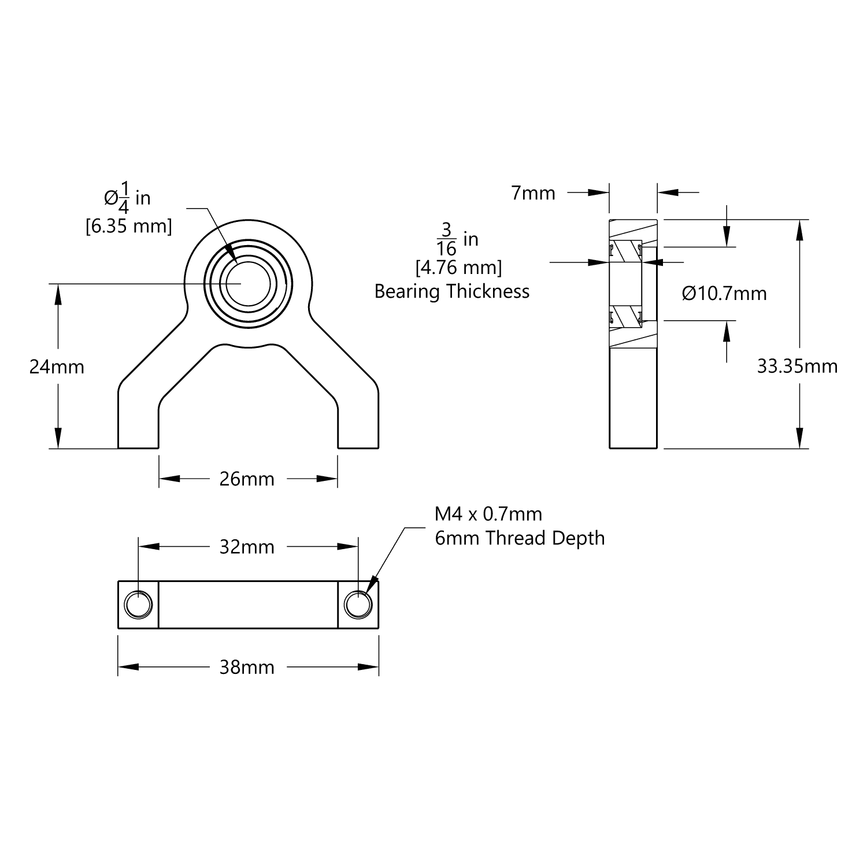 1/4" Bore 1-Side, 2-Post Pillow Block (24mm Height)
