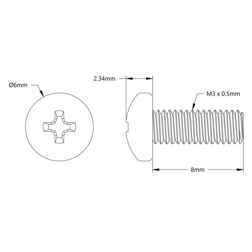 M3 x 0.5mm Zinc-Plated Pan Head Screw (8mm Length) - 6 Pack