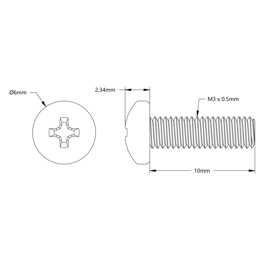 M3 x 0.5mm Zinc-Plated Pan Head Screw (10mm Length) - 6 Pack