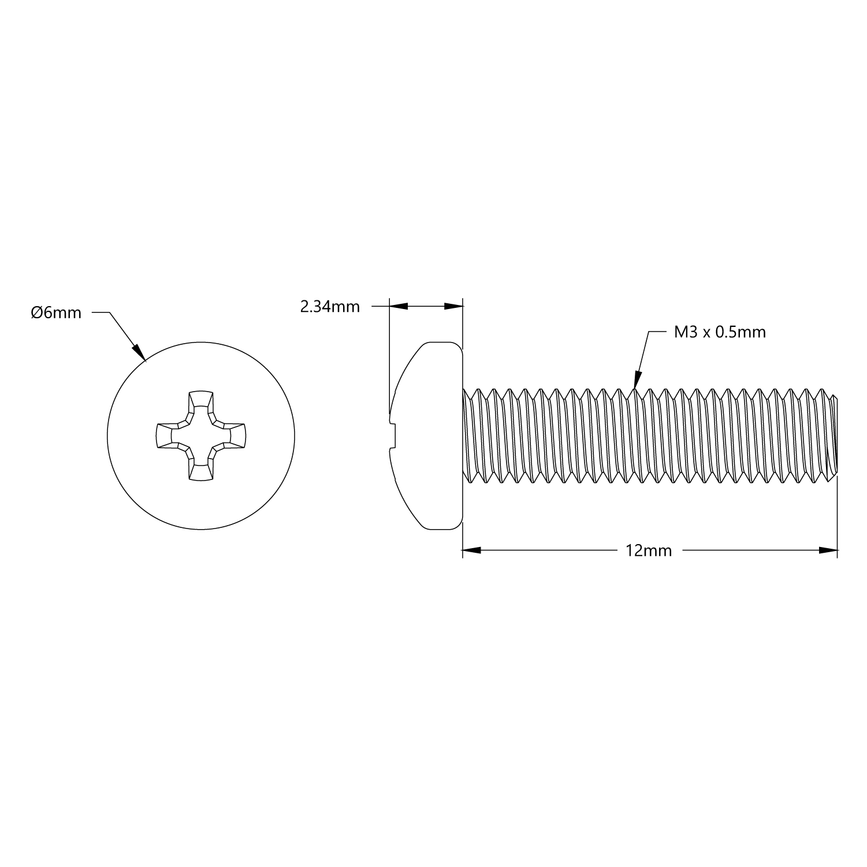 M3 x 0.5mm Zinc-Plated Pan Head Screw (12mm Length) - 6 Pack
