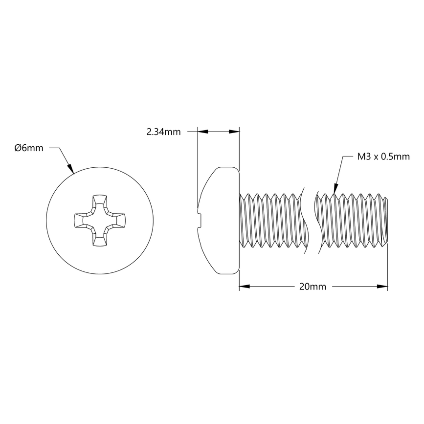 M3 x 0.5mm Zinc-Plated Pan Head Screw (20mm Length) - 6 Pack