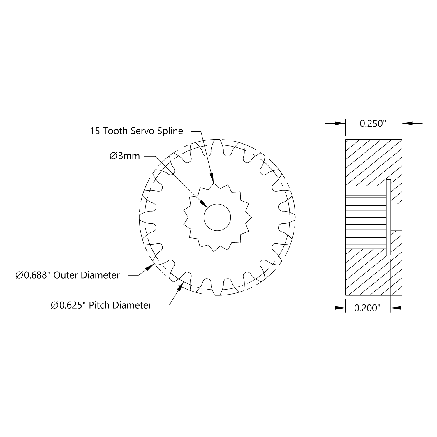 Brass, 32P, 20 Tooth, D15T Spline Servo Gear - ServoCity®