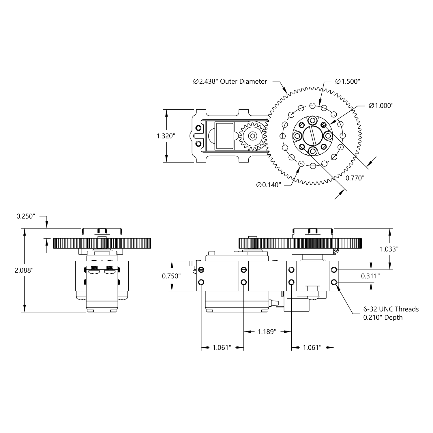 SG12 Series Servo Gearbox (3.8:1 Ratio, 642° Rotation, 1330 oz-in