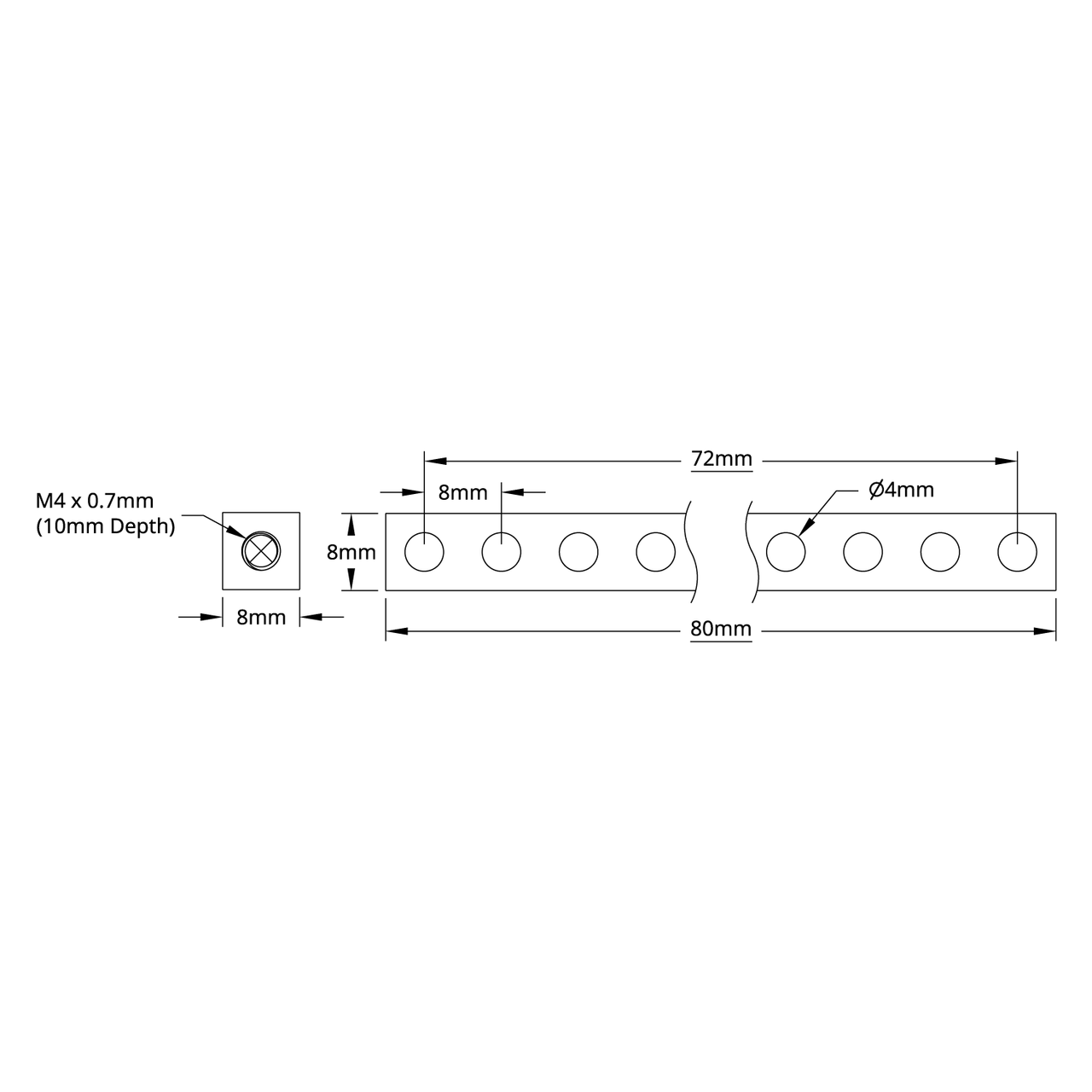 1106 Series Square Beam (10 Hole, 80mm Length) - ServoCity®