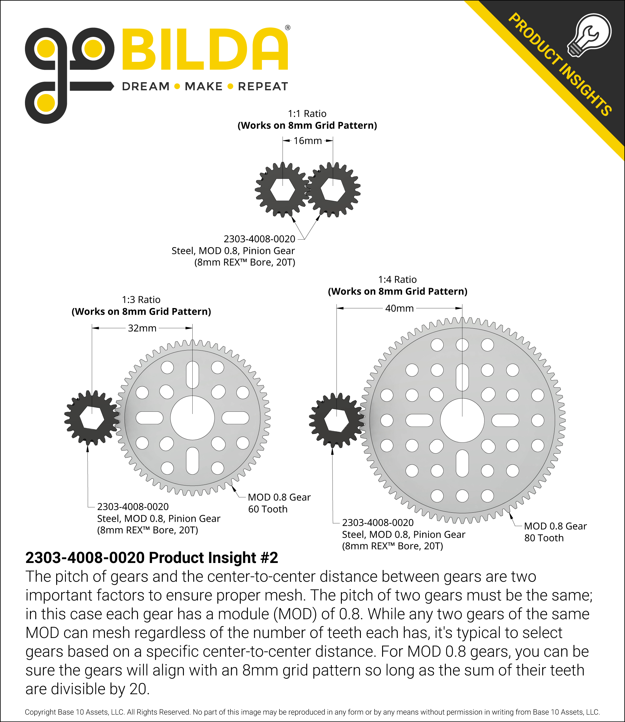 2303 Series Steel, MOD 0.8 Pinion Gear (8mm REX® Bore, 20 Tooth