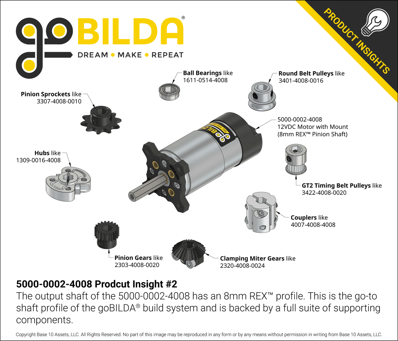 5000 Series 12VDC Motor with 8mm REX® Pinion Shaft - ServoCity®