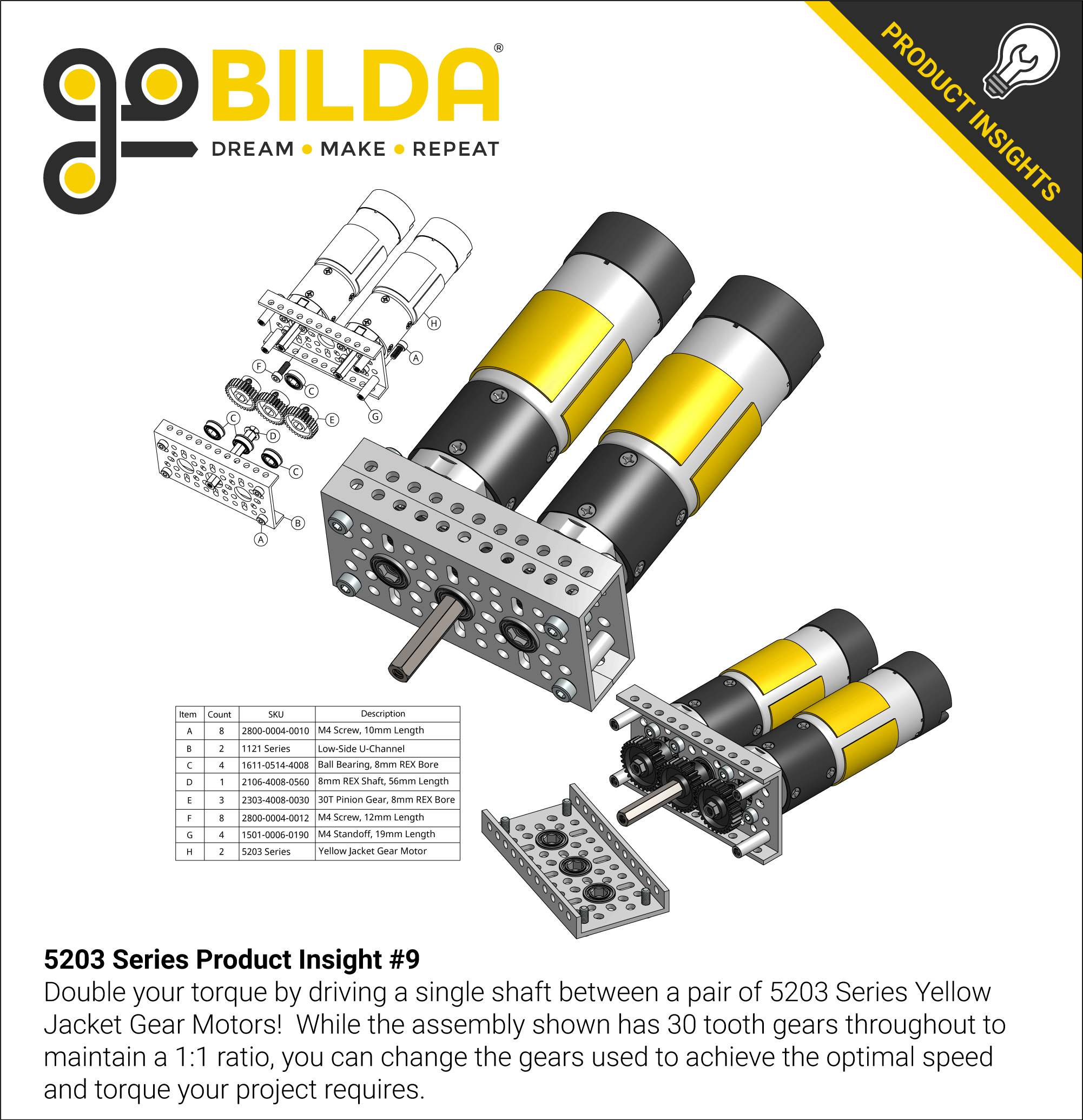 5203 Series Yellow Jacket Planetary Gear Motor (99.5:1 Ratio, 24mm