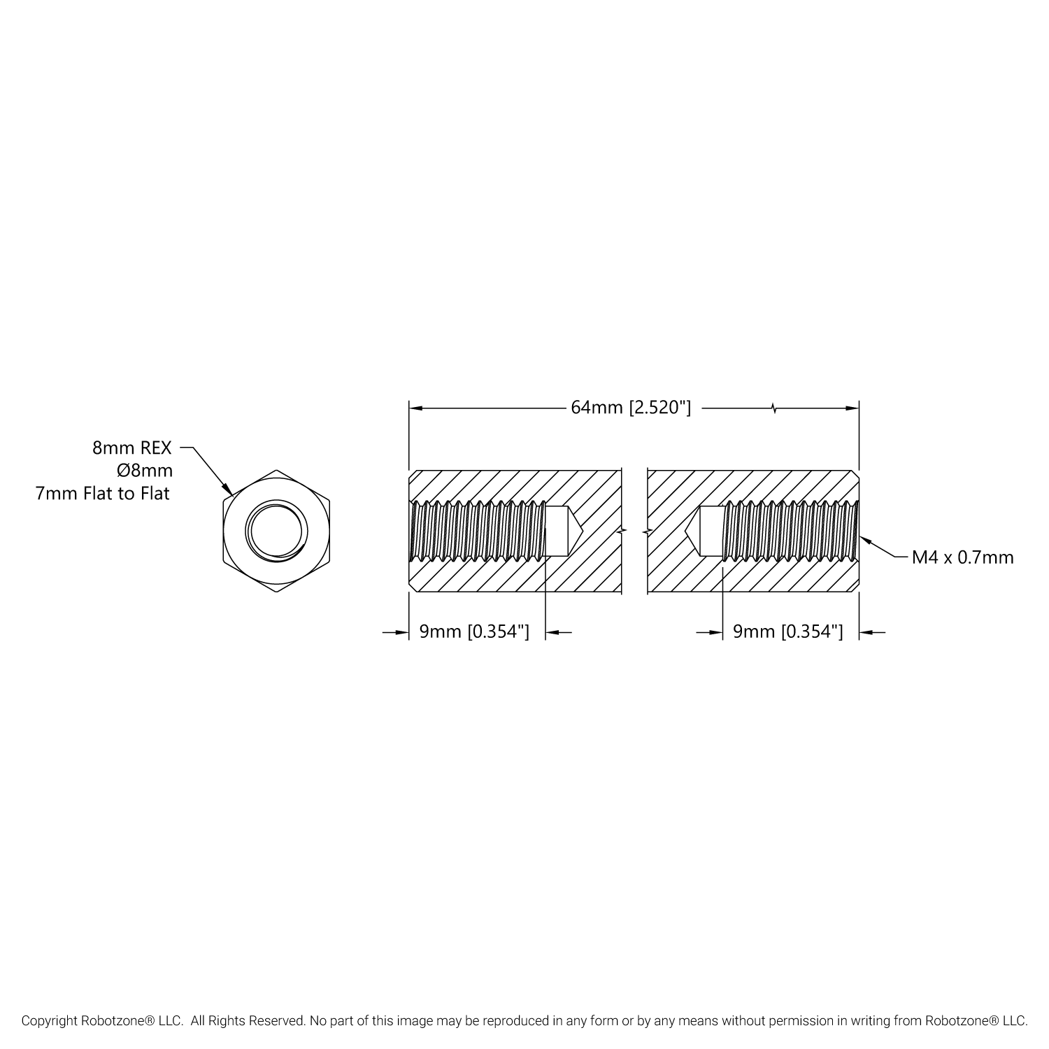 1516 Series 8mm REX® Standoff (M4 x 0.7mm Threads, 64mm Length