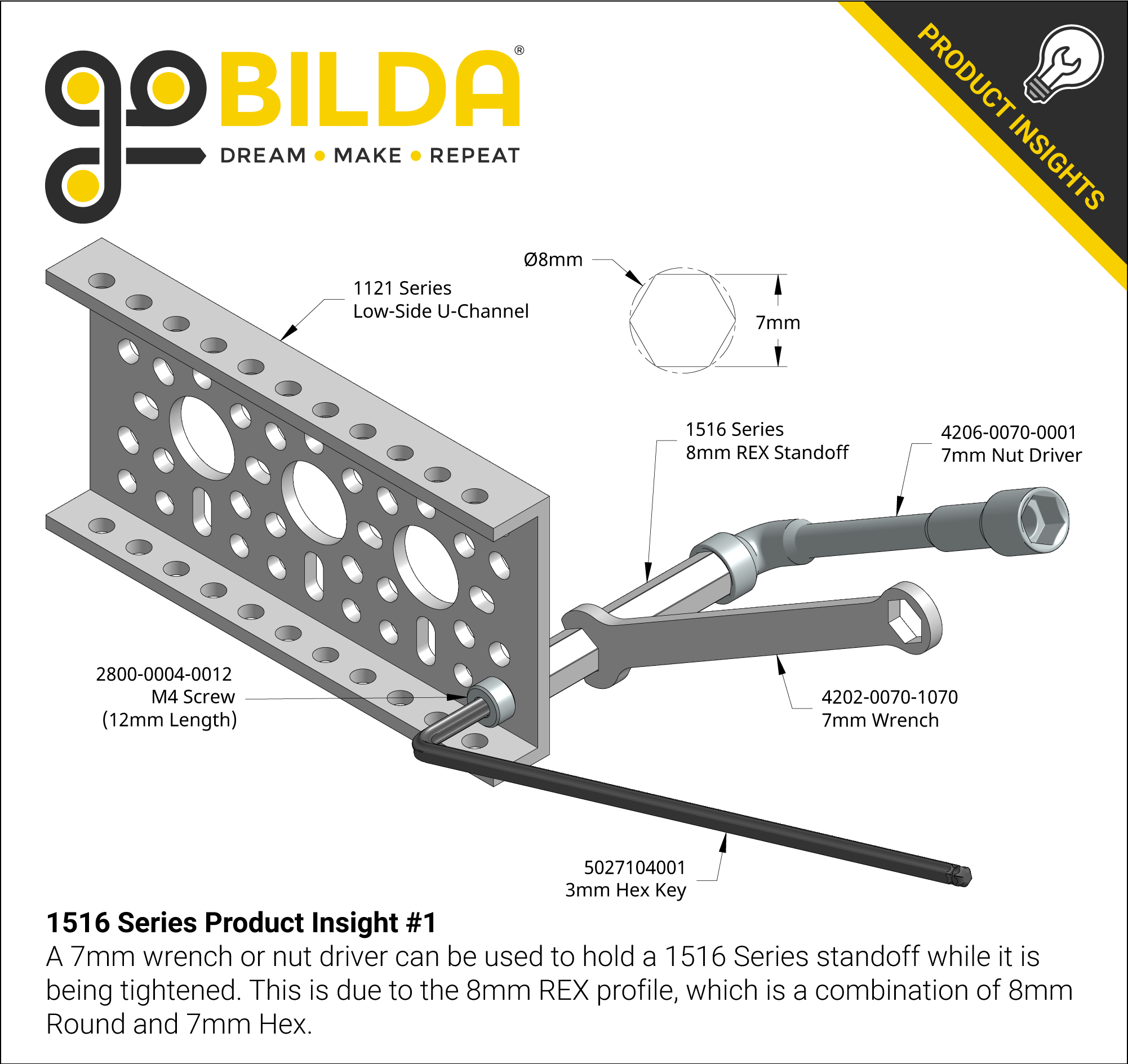 1516 Series 8mm REX® Standoff (M4 x 0.7mm Threads, 72mm Length