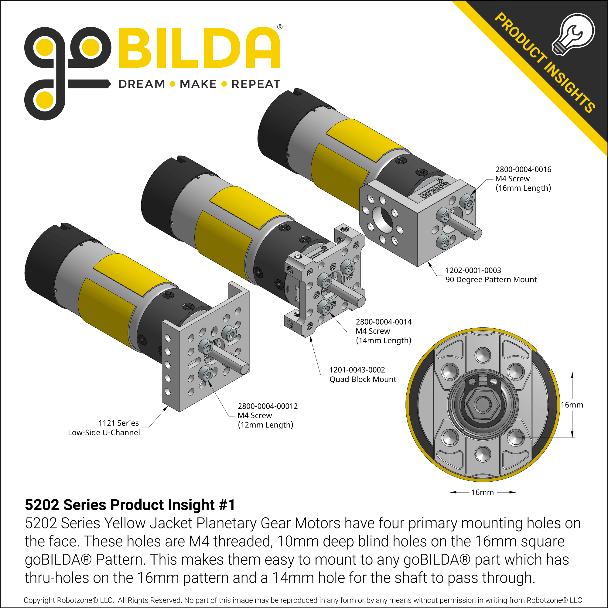 5202 Series Yellow Jacket Planetary Gear Motor (50.9:1 Ratio, 24mm