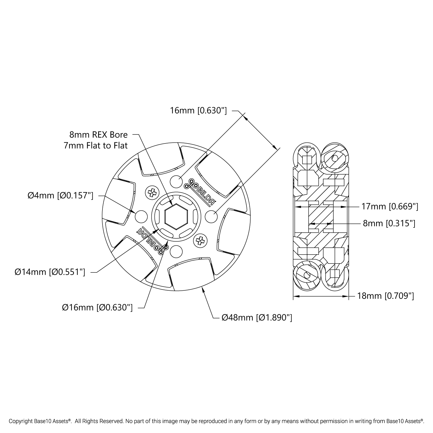 48mm Omni Wheel (8mm REX™ Bore, 50A Durometer) - ServoCity®