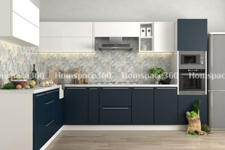 Nexa - L Shaped Modular Kitchen Design in Deep Blue & White with Membrane Laminate  Acrylic Lacquered Glass Finish Options - HSV-LSK-2703