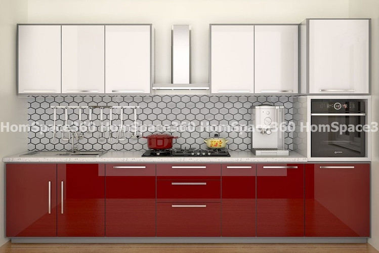 Nexa - Straight Line Modular Kitchen Design in Red & White with Membrane Laminate  Acrylic Lacquered Glass Finish Options - HSV-SLK-1017