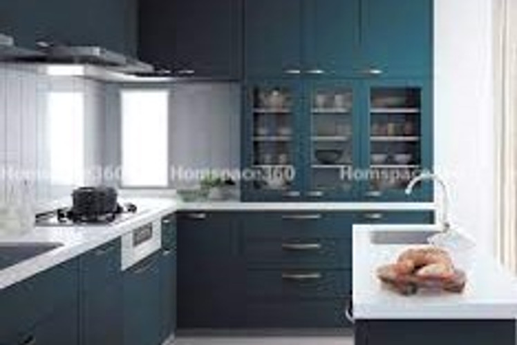 Nexa - L Shaped Modular Kitchen Design in Deep Blue with Membrane Laminate  Acrylic Lacquered Glass Finish Options - HSV-LSK-1008