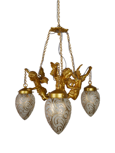 Online India Home Interior Luxury Decorative Fancy Light - Emerald Chandelier Light - Cast Aluminium Gilded Cherubs Antique 3-Lights chandelier With Hand-painted Oval Jaipuri Glass Shades