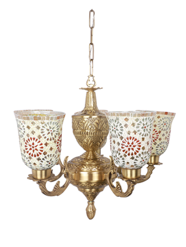 Online India Home Interior Luxury Decorative Fancy Light - Emerald Chandelier Light - Priya 5 Light Brass Chandelier with Tilak Mosaic Glass Shades