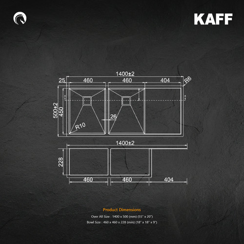 Kaff Sink -  KS 140 DBD (R10) - Stainless steel - double bowl