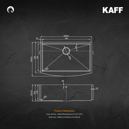 Kaff Sink -   KSA 83 SB - Stainless steel - Single bowl  - With Sound reduction pad on bottom - With anti - condensation coating