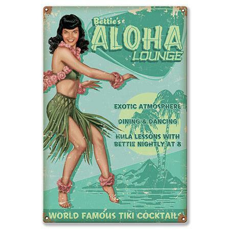 Spread the ALOHA! ビンテージアート　作家サイン入り Bettie Page Aloha Lounge Metal Sign - Pin-Ups For Vets Store