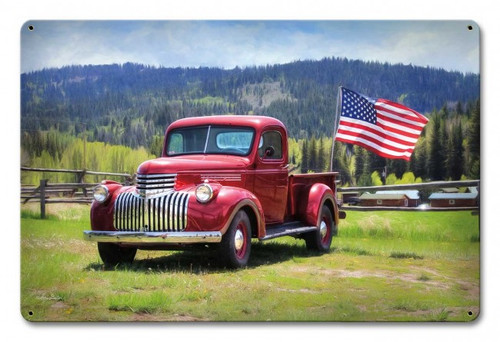 "PICK  UP  TRUCK  WITH  FLAG"  METAL  SIGN