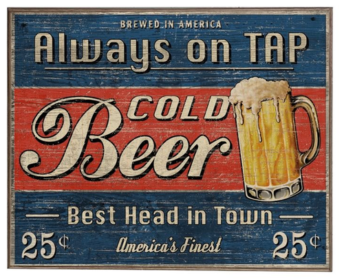 "COLD BEER ON TAP" VINTAGE BIRCH WOOD PRINT