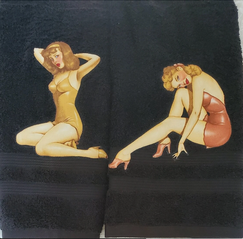 PIN-UP  GIRLS  ON  BLACK  HAND  TOWELS---5  DIFFERENT  IMAGES