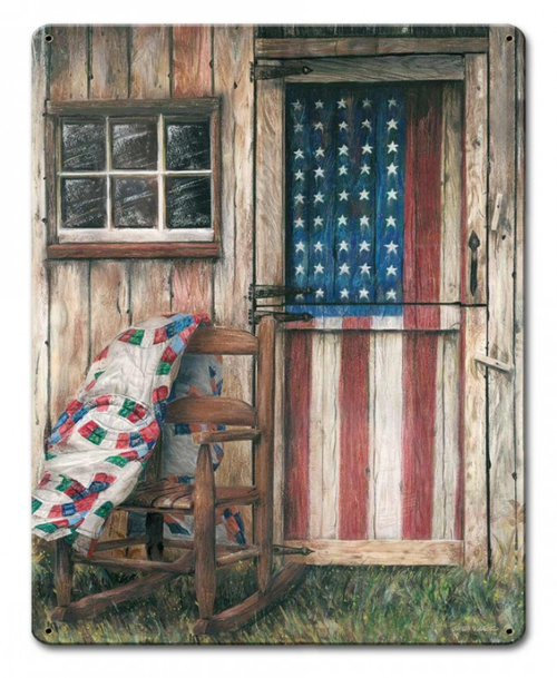 "AMERICANA  WITH FLAG AND ROCKING CHAIR"  METAL  SIGN