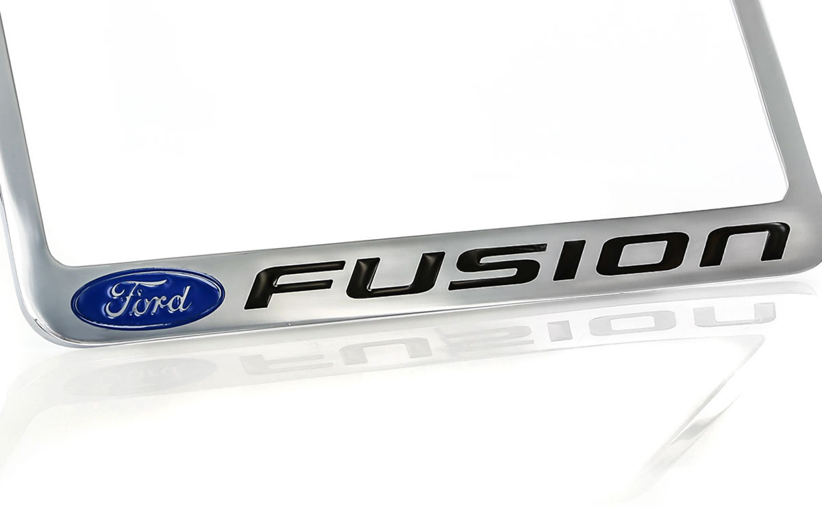 Ford Fusion License Plate Frame - Chrome Plated Metal With Logo, Thin Rim, 4-Hole