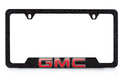 Black Coated Zinc License Plate Frame with UV Printed GMC Logo and Contour Map Graphic 