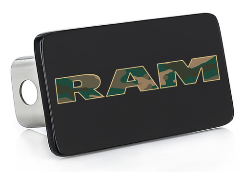 Black Coated Rectangular Hitch Cover with UV Printed Ram Logo with Camo Pattern  Black Coated Rectangular Hitch Cover with UV Printed Ram Logo with Camo Pattern