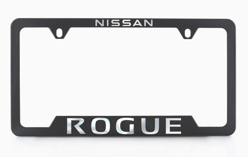 Black Coated Zinc License Plate Frame with Exposed Chrome Nissan Rogue Logo - Notch Bottom Frame