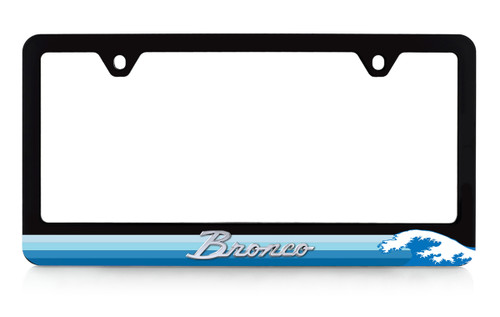 Black Plastic License Frame with 3D Bronco Script Emblem _  Blue Waves Design 