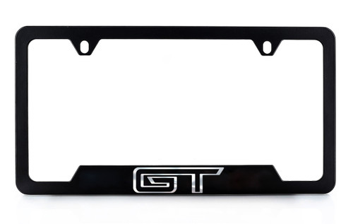 Black Coated Metal License Plate Frame with Exposed Chrome Mustang GT Logo
