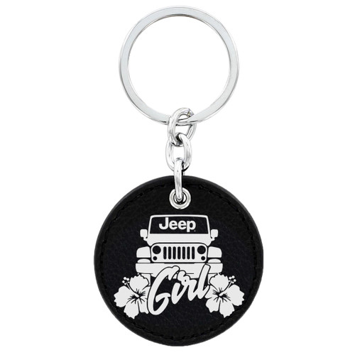 Black Round Leather Keychain with UV Printed Jeep Girl Graphics