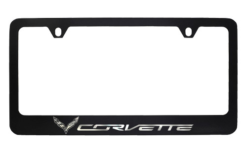 Black Coated Zinc License Plate Frame with Exposed Chrome Corvette Logo