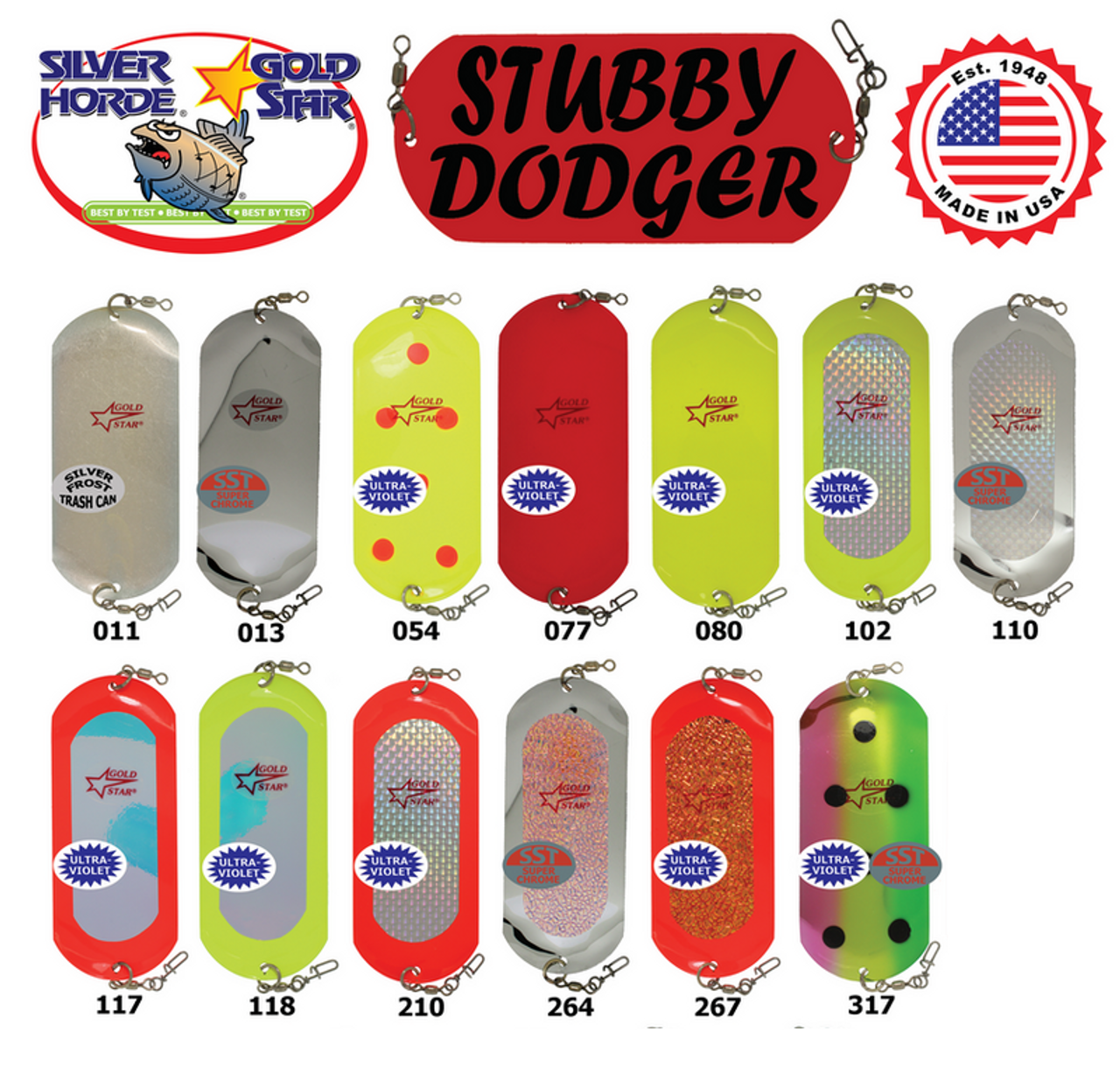 Silver Horde Gold Star Stubby Dodger Size 2-1/2"X 6" 4950 025 Series CHOOSE YOUR COLOR!
