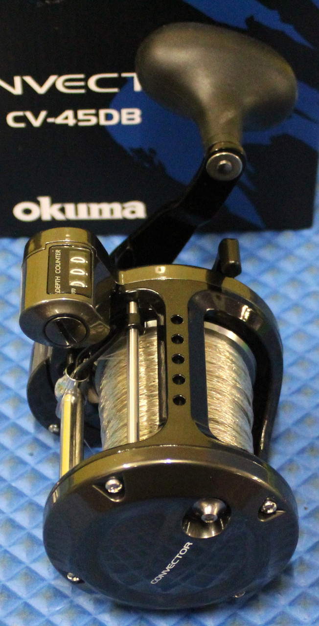 Okuma Convector Linecounter Reel CV 45DB  Pre-spooled With 30# SUPER Copper, 20# Solar Green Backing, 50 Feet 20# Mono Leader CHOOSE YOUR COPPER LENGTH!